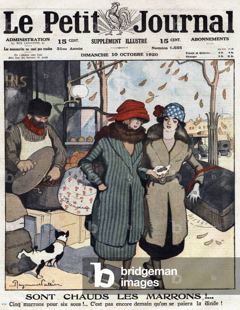Due donne si lamentano del prezzo delle castagne nelle strade di Parigi, 1920 (stampa)