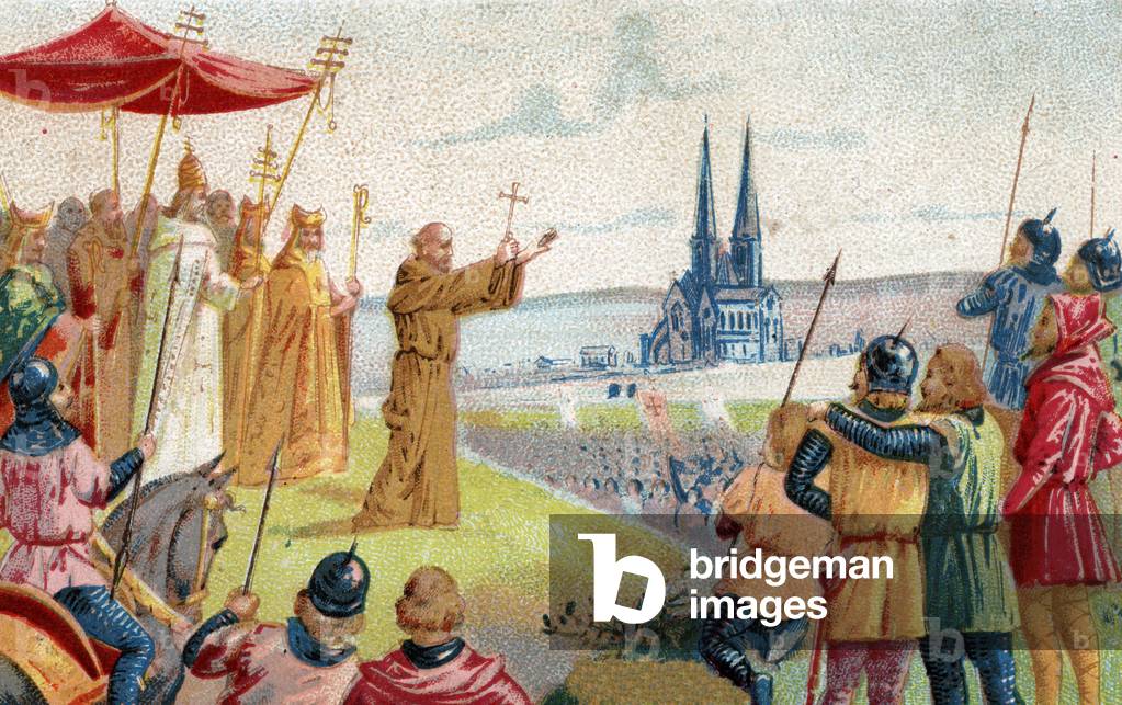 God wants it! Peter the Hermit preaching the Crusade (1095 - 1099) Chromolithography of the end of the 19th century.