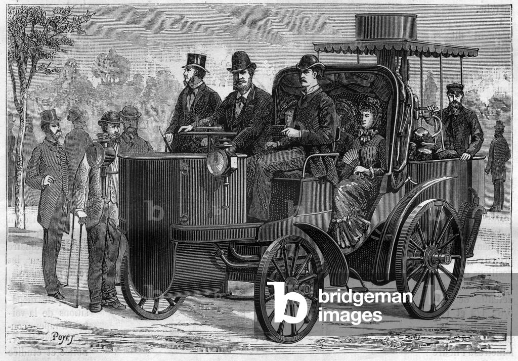 High speed steam car (mancelle) by Amedee Ernest Bollee (1844-1917). Engraving in “” La Nature””, 1883. Private collection.