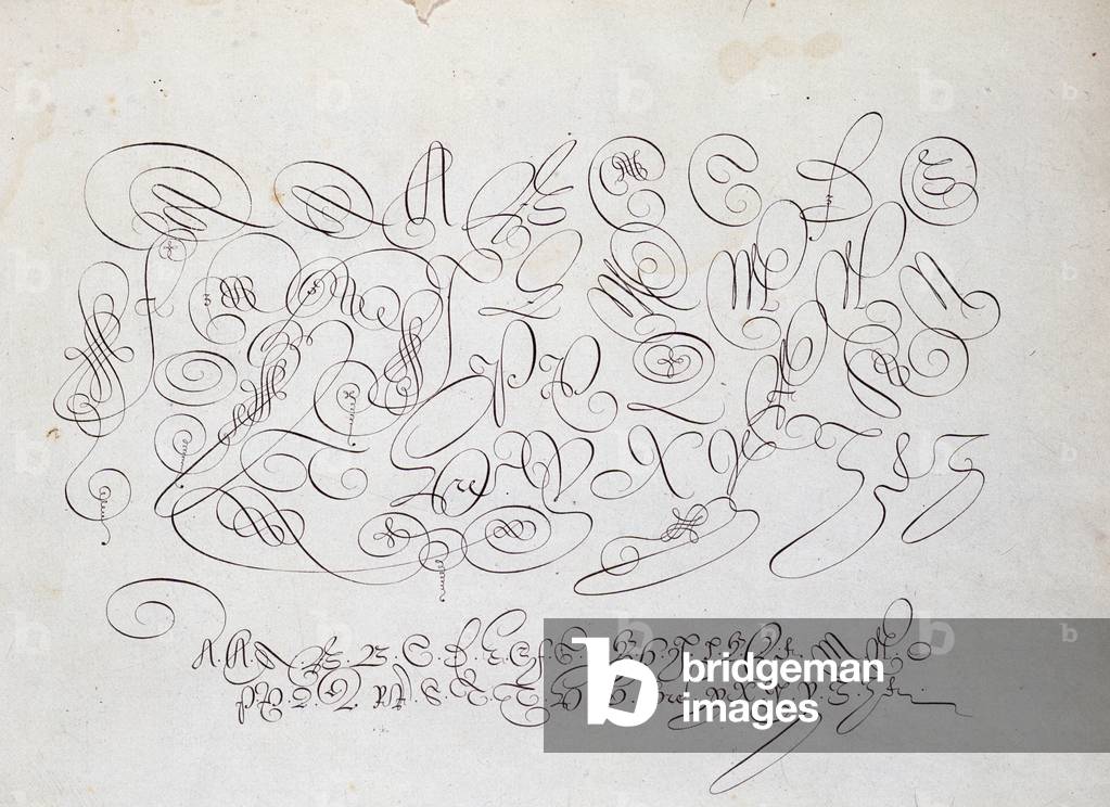 French calligraphy: Plate of capital, engraving of Frisius, calcographer of the king by Robert Vignon in the garden of writing around 1600.