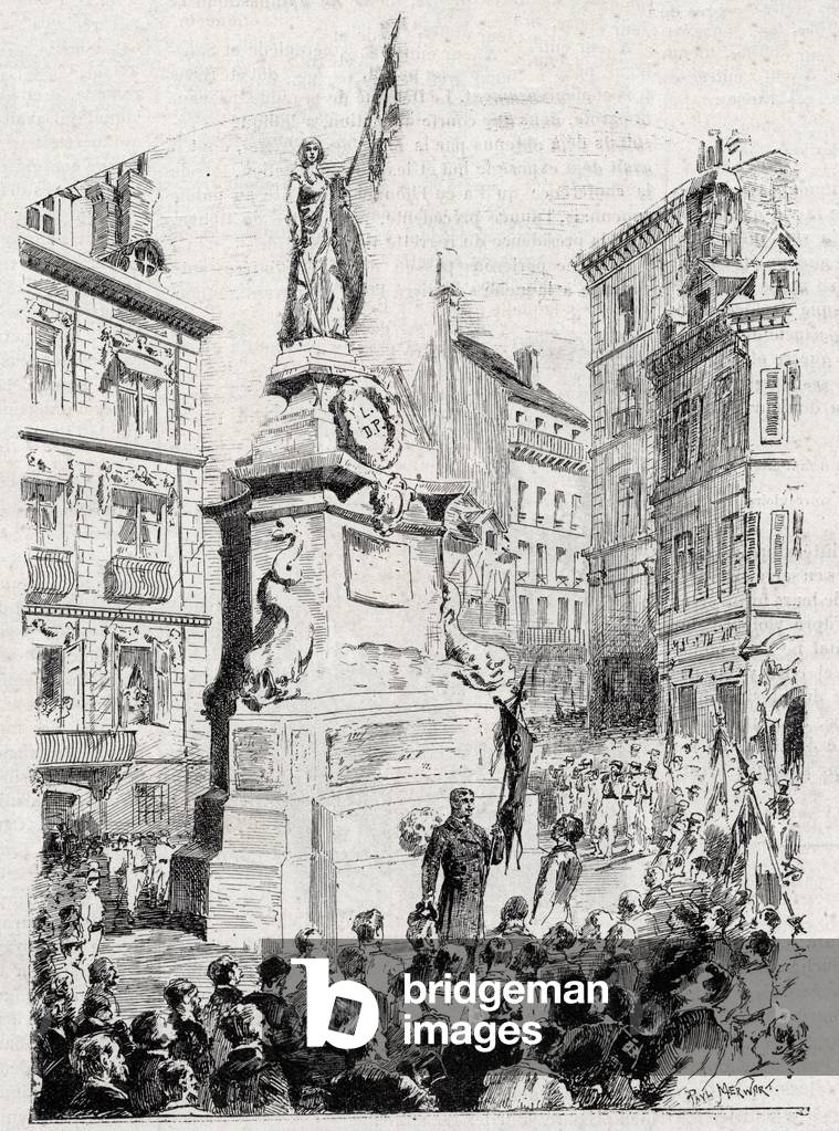 Rouen: members of the League of Patriotes in front of the statue of Joan of Arc- drawing by Paul Merwart for “” the flag - illustrious monitor of the League of Patriotes”” - 1884