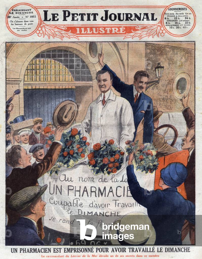 A French pharmacist is imprisoned for working on Sundays, 1927 (print)