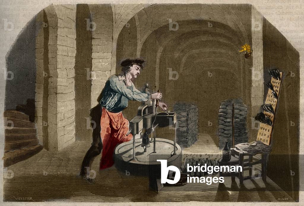 Manufacture of sparkling Champagne wine: bottling machine used in a cellar. Engraving from 1858 in “” Le Musee Des Sciences””