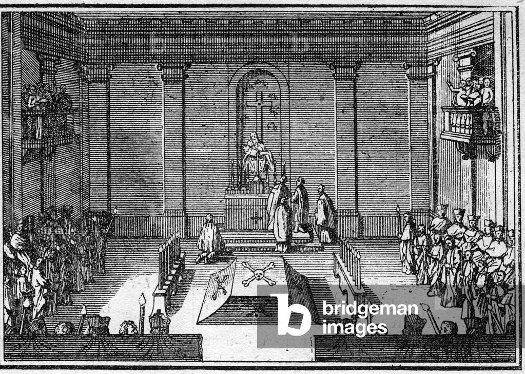 Funeral of a pope in the 18th century: the ceremony of obseques. Engraving in “Histoire des religions””.