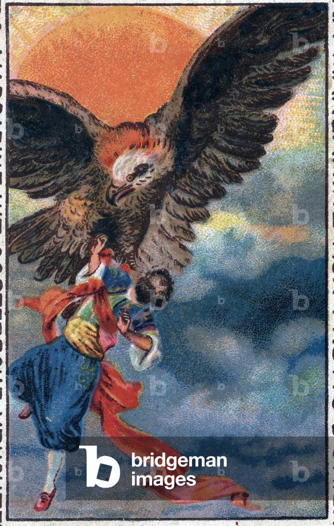 Take off by an eagle. The wonderful adventures of Sinbad (Sindbad) the sailor. Popular tale of 1001 nights (one thousand and one nights). Chromolithography of the late 19th century.