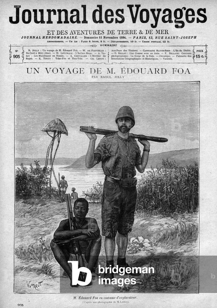 Portrait of the Explorer Edouard Foa (1862-1901) engraving in “” Le journal des voyages”” number 905, November 11, 1894