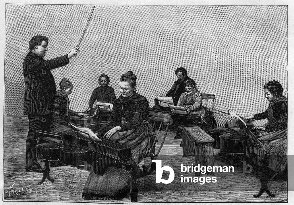 A concert of monocords executed by young girls, 1889 (engraving)
