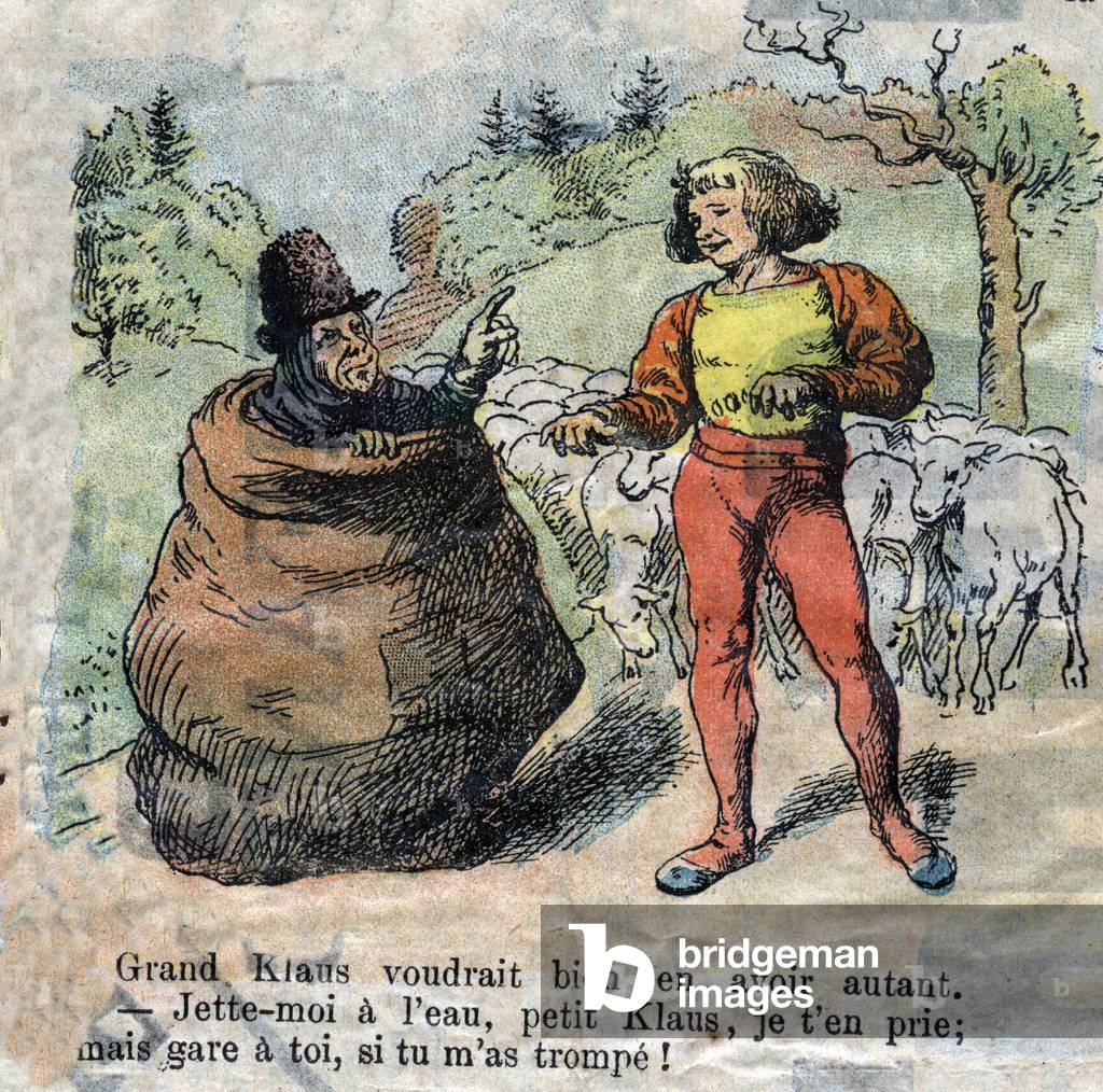 Illustration of the late 19th century for the tale by Hans Christian Andersen (1805-1875) “Grand Claus and Little Claus” (Klaus).Private collection.
