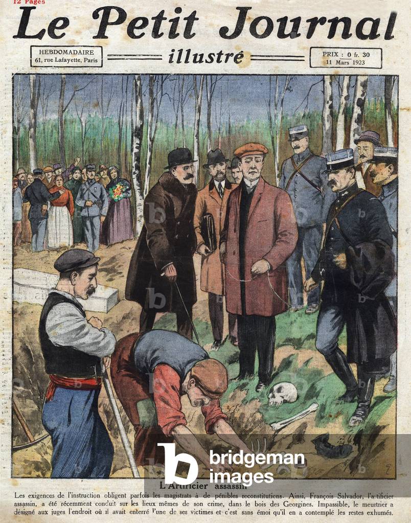 Criminal Francois Salvador contemplating police exhuming victims' remains at the crime scene, 1923 (print)