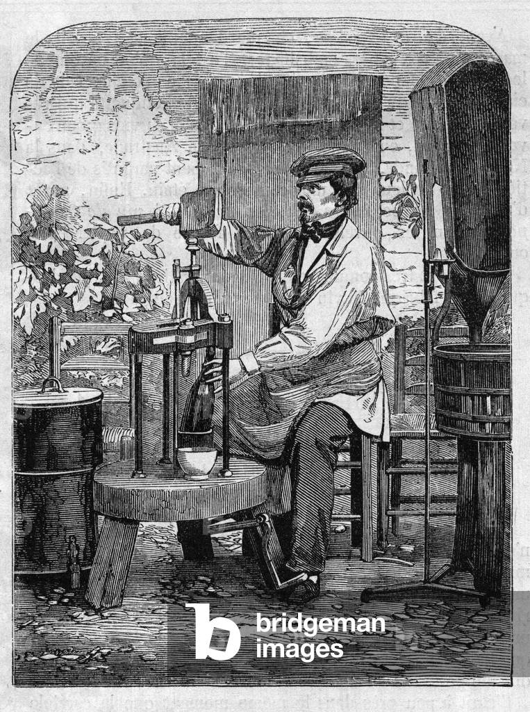 The bottling of Champagne wine. Engraving from 1864.