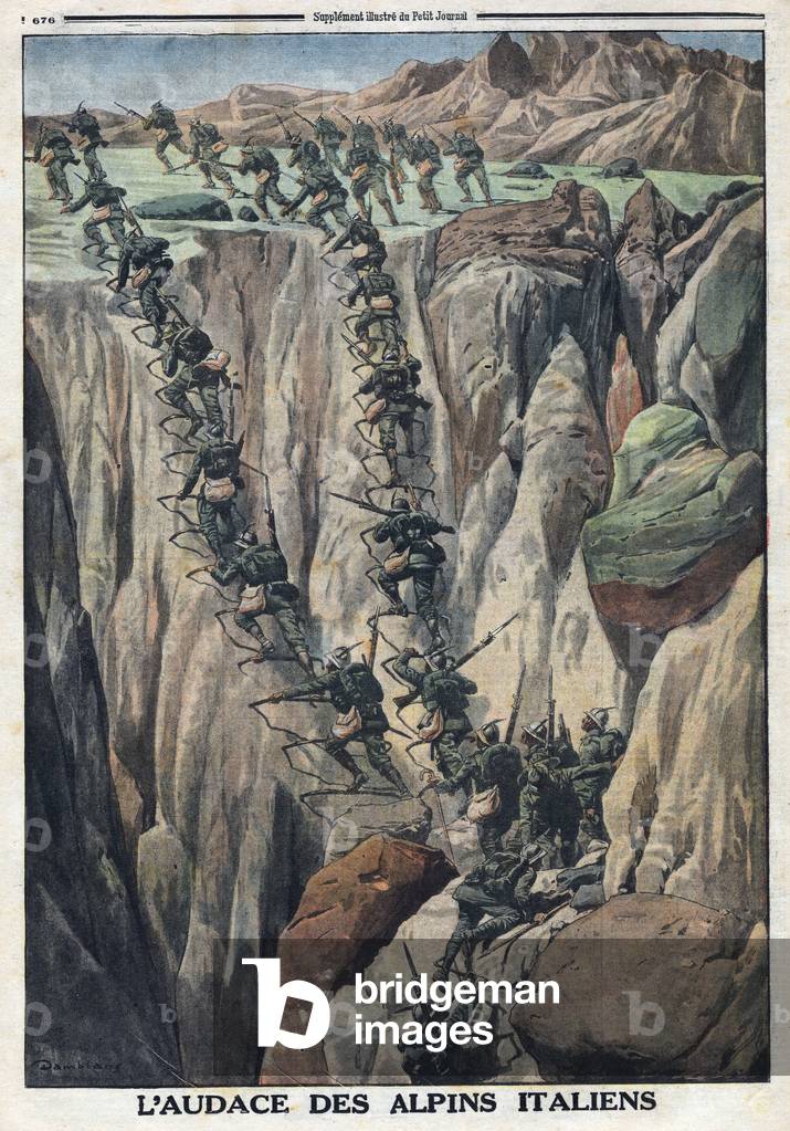 First World War 1914-1918. Italian soldiers climb the summit of the Cauriol in the Fiemme Alps in Italy. In 