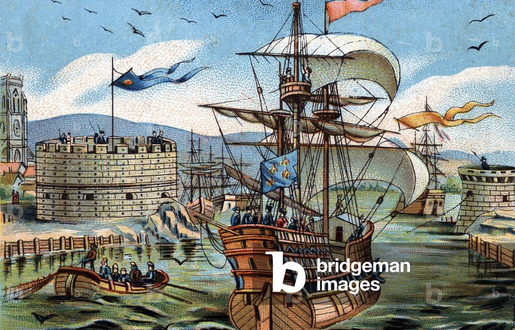 The port of Le Havre in 1520. Chromolithography around 1890.