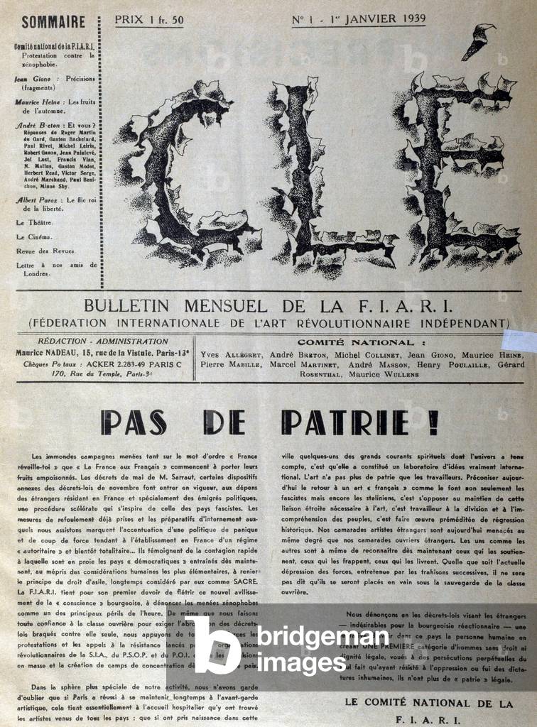 The main page of the magazine “” Key”, n°1 of 01/01/1939. Monthly newsletter of the International Federation of Independent Revolutionary Art.