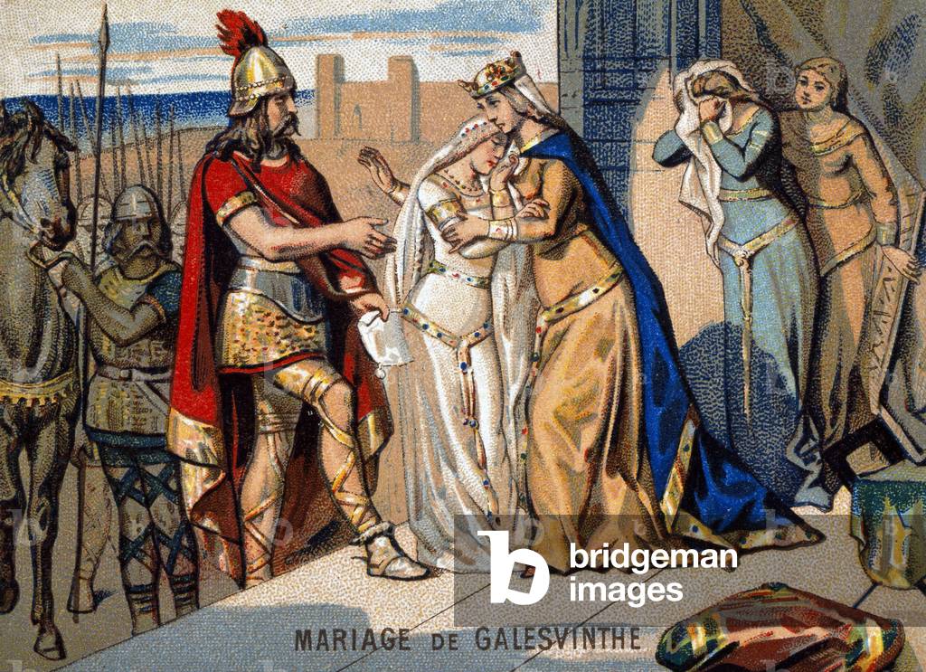 Marriage of Galeswinthe (567): leaving Galeswinthe to marry Chilperic, head of the Neustrians Francs. Chromolithography of the series “” Patriotic teaching by image””.