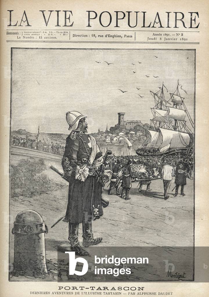 Man observing a defile of the Tarasque on the port of the island of Port Tarascon, 1890 (engraving)