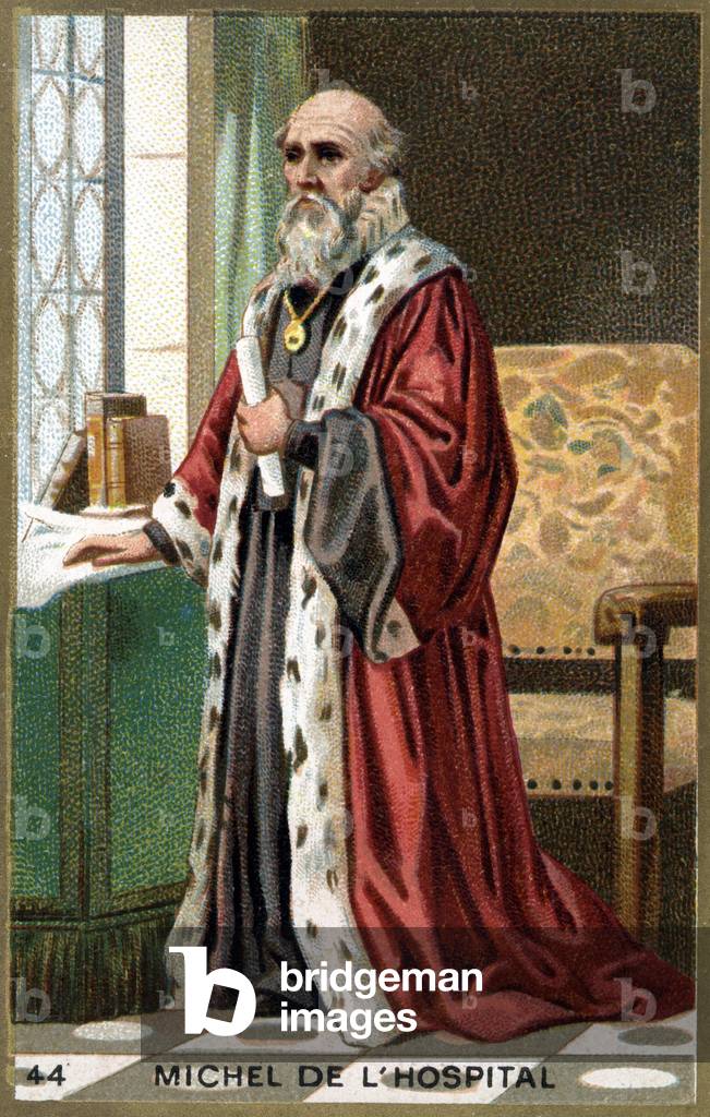 Portrait of Michael de L'Hospital (Michel de l'Hopital, c. 1504 - 1573), French politician. Chromolithography of the 19th century.