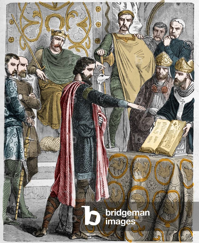 Harold II (1020-1066) last Anglo-Saxon King crowns in 1064, sworn on the sacred relics before William I the Conquerant to support his cause in the throne of England at the death of Edward the confessor.