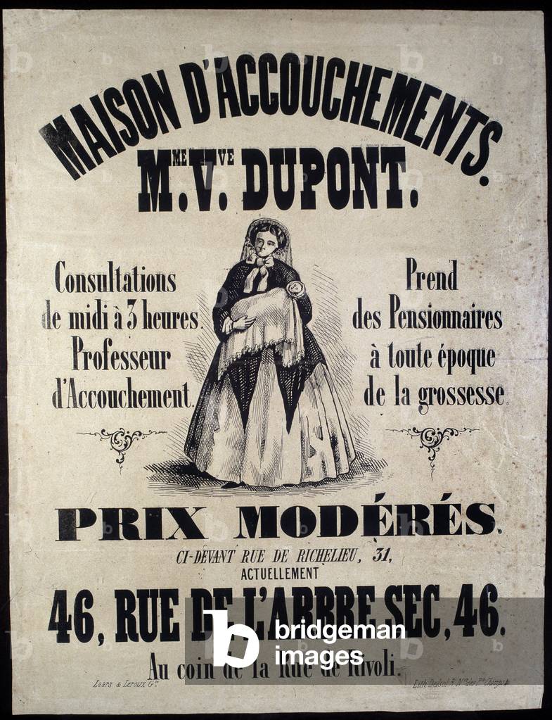 Advertising for a birth home (maternity) in Paris in 1850. Madame Dupont, low prices at 46 rue de l'arbre sec.