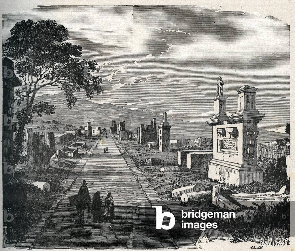 The ancient Appian route, via appia crossing the pontins marshes (Agro pontino) near Rome. Engraving of the 19th century.