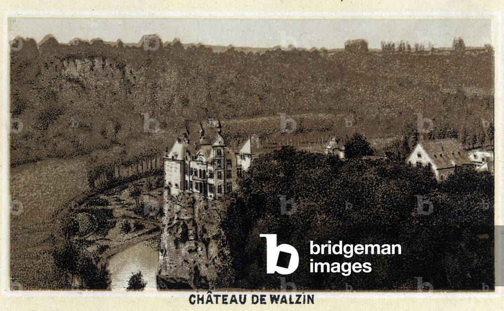 View of the castle of Walzin in Wallonia (Belgium) on the banks of the river Lesse. Chromolithography of the late 19th century.