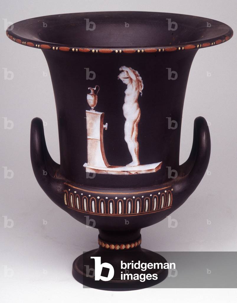 Wedgwood vase depicting a young woman at her toilet, black ceramic or black basalt, painting at 