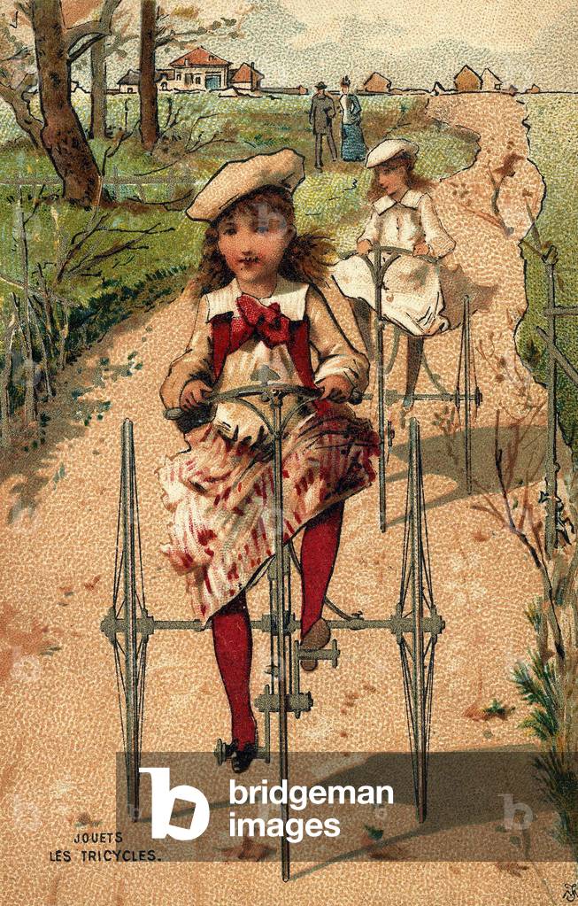 Little girls doing tricycles.Chromolithography around 1890.