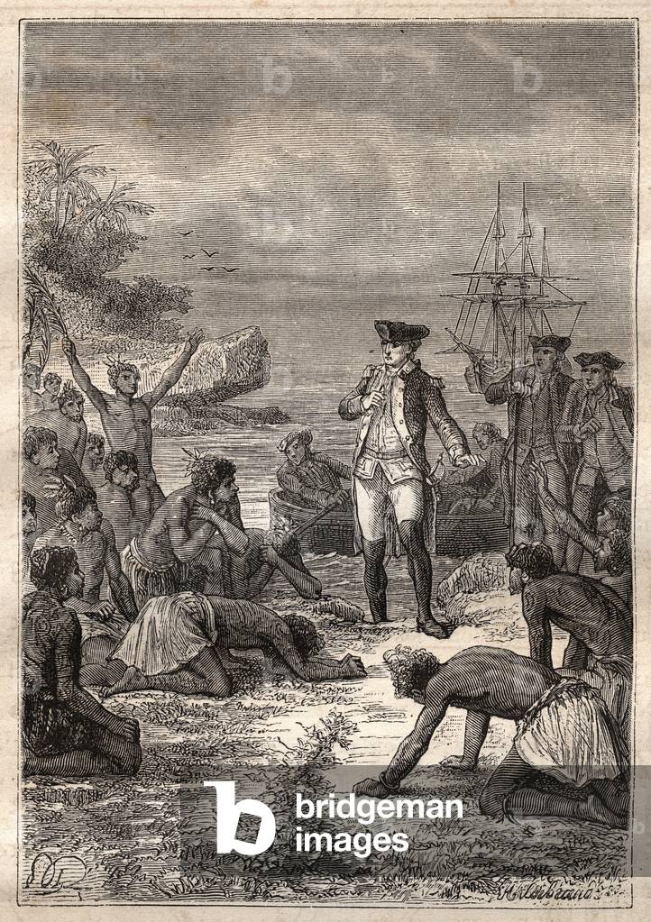 Third voyage (1776-1779) by Captain James Cook (1728-1779): Cook is welcomed by the natives (Hawaii) - illustration taken from “The Great Mariners of the 18th century””, 1879 - 1 of the 3 volumes of the “Histoire generale des grands voyages et des grands voyageurs” by Jules Verne