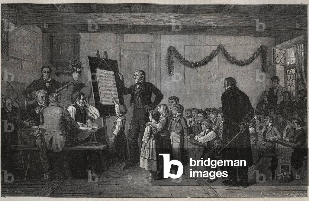 An examination session at a Swiss school - engraving in “La suisse” by Jules Gourdault