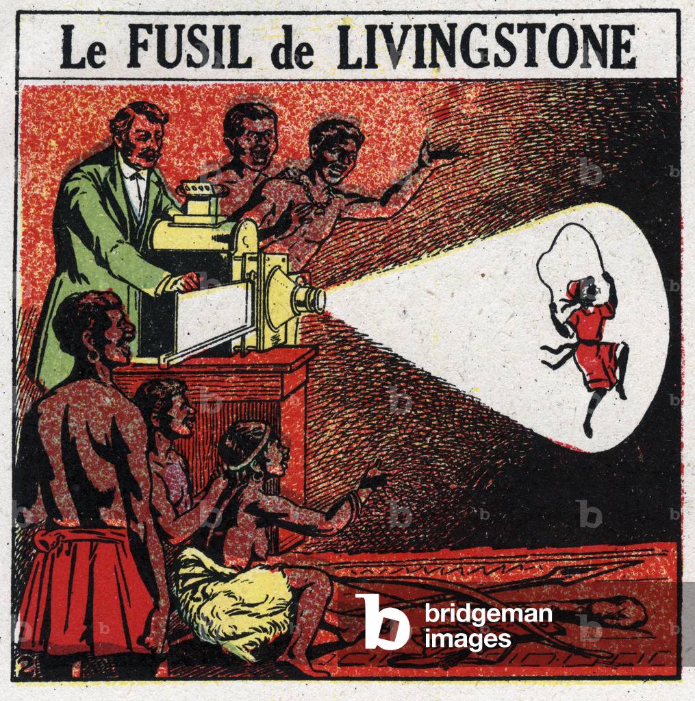 The projection: Livingstone's rifle. David Livingstone (1813-1873) Scottish missionary and explorer with the magic lantern in the Balonda tribe in Africa. Anonymous illustration from 1925. Private collection.