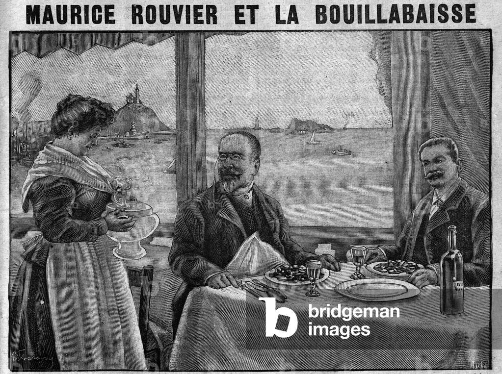 Maurice Rouvier and the bouillabaisse: Maurice Rouvier (1842-1911) French politician, along with Eugene Etienne, Assistant Secretary of State for the Navy and the Colonies, eat a bouillabaisse in a restaurant in Marseille. Engraving in “” La cuisine des familles”” from 1905-1908.