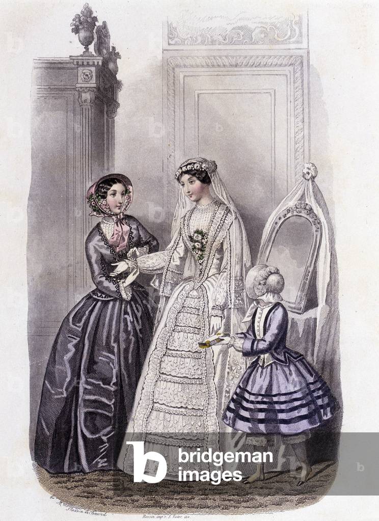 A woman in a wedding dress surrounded by a girl and a lady - in “Journal des Demoiselles”” 1852.