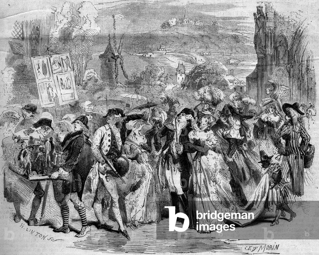 Representation of a comic opera, Paris, 1859: I act of “Les Trois Nicolas”” (1858) on a libretto by Eugene Scribe (1791-1861) and a music by Louis Clapisson (1808-1866) gives to the theatre of the Opera Comique. The depicted scene took place in Longchamps in 1787. Drawing by Morin. Engraving by Linton in “” The Illustrous World”” n°91 of 8 January 1859.