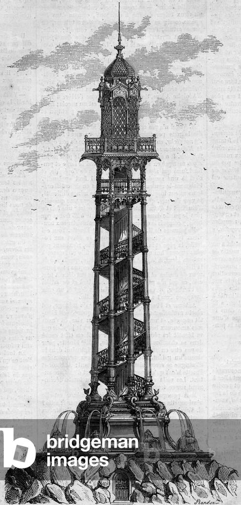 Monumental column of the artesian well of Passy by German engineer Charles Gosshelf Kind. Engraving in “” Le Monde Illustré”” n°25 of October 3, 1857.