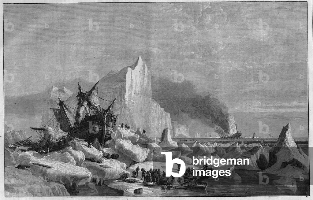 Norwegian Ice-caught vessels on Spitzberg Coast in the Arctic Ocean, 1873. Engraving in “” The Illustrious Universe””, 1873.