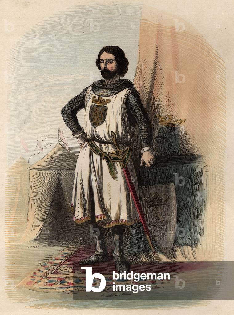 Portrait of John (Johann) I of Brabant, known as the Victorious (1253-1294), was Duke of Brabant from 1267-1294 and Duke of Limburg from 1288-1294. Engraving from 1868 in “Histoire de Belgique from primitive times to the end of the regne of Leopold I”” by Theodore Juste (1818-1888). Private collection.