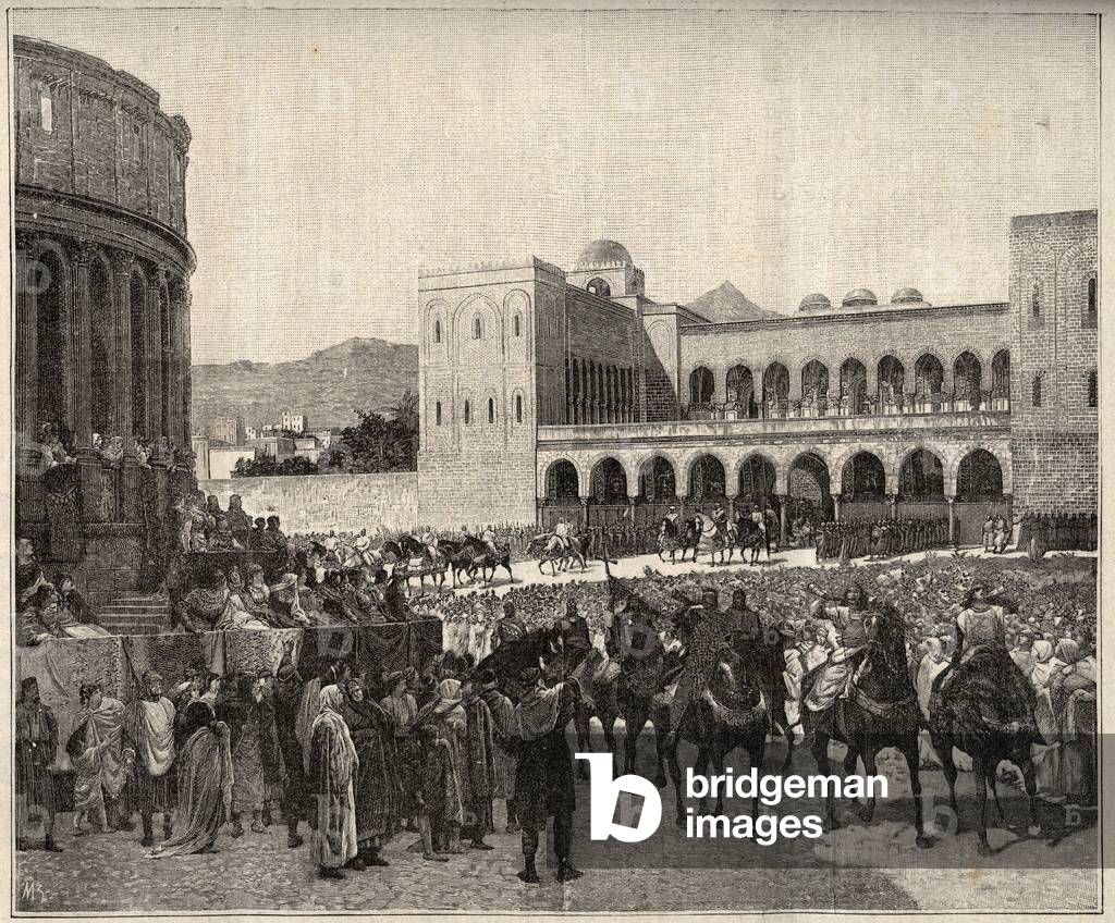 History of Sicily: Roger I of Sicily called Roger Bosso and The Great Count entering Palermo in 1071, 1896 (engraving)