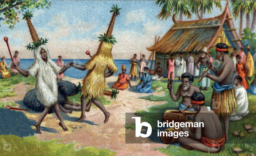 South Pacific Island dancers: they wear clothing made of hummingbird feathers, cacatoes and Paradise birds at religious ceremonies. Chromolithography of the 19th century