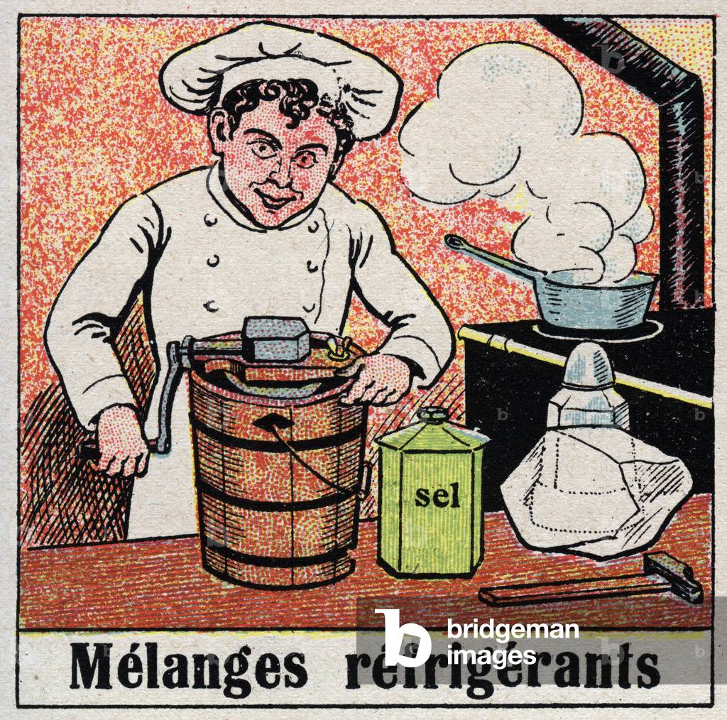 The refrigeration industry: refrigerant mixtures used for cooking. Anonymous illustration from 1925. Private collection.