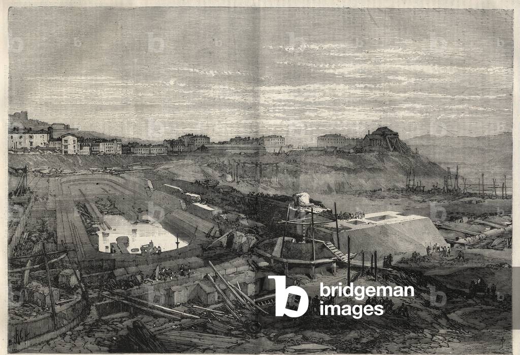 View of the new docks built by the Italian government in the port of La Spezia. Engraving in “” L'Univers illustrious””, 1868.