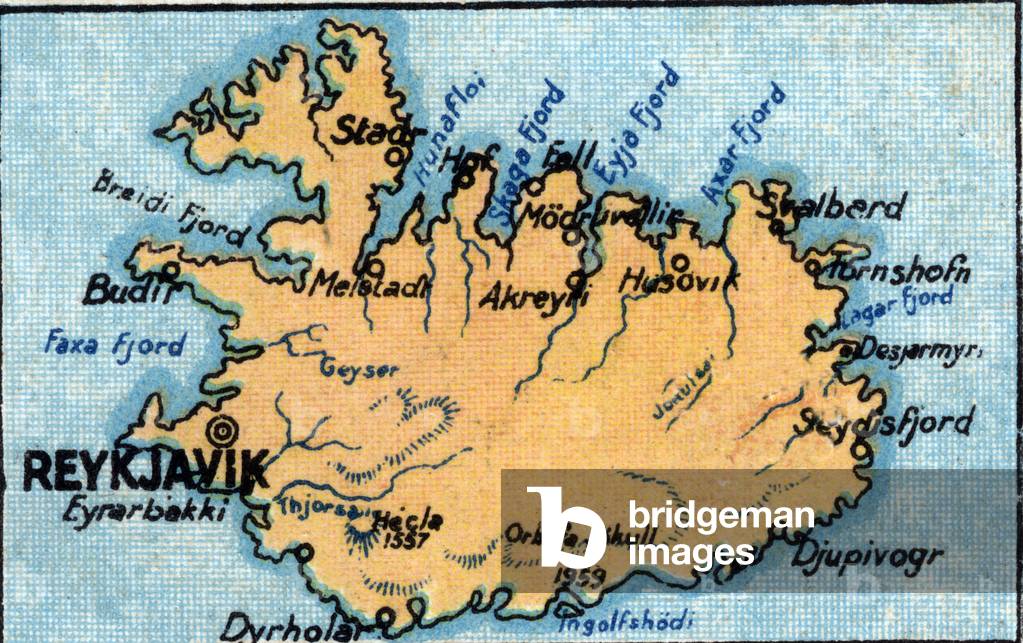 Geographic map of Iceland with the names of the main cities. 1936 (chromo)