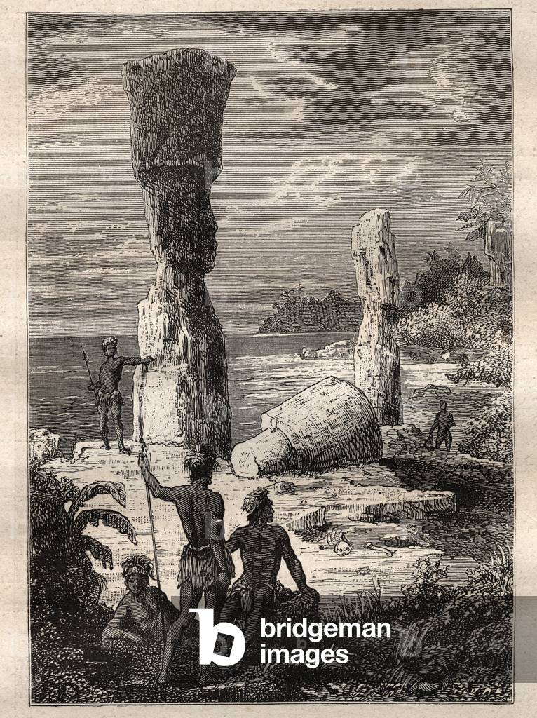 Expedition around the world (1785-1788) by Jean Francois Galaup de La Perouse (1741-1788): indigenes of Easter Island looking at monumental statues (Moai) - illustration taken from “The Great Mariners of the 18th century””, 1879 - 1 of the 3 volumes of Jules Verne's “The General History of Great Travellers and Travellers”