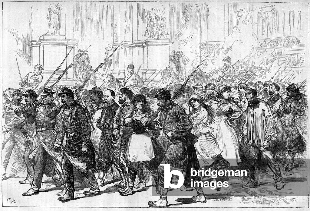 The Paris Commune in 1871. Convoy of Federes (communards) taken prisoner, passing through Place de l'Opera.