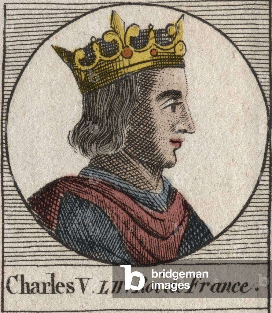 Portrait of Charles V the Sage (1338 - 1380) - Charles V the wise or Charles V the Sage, King of France from the House of Valois - engraving from “Instruction sur l'Histoire de France”” by Charles Constant Le Tellier 1821