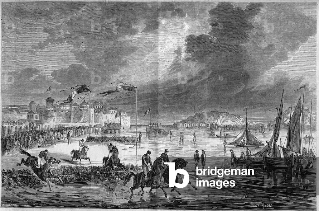Horse riding: large derby of the West on the beach of Saint Malo (Saint-Malo), Ille and Vilaine (35), 1858. Engraving in “” Le Monde Illustré”” n°74 of 11 September 1858.