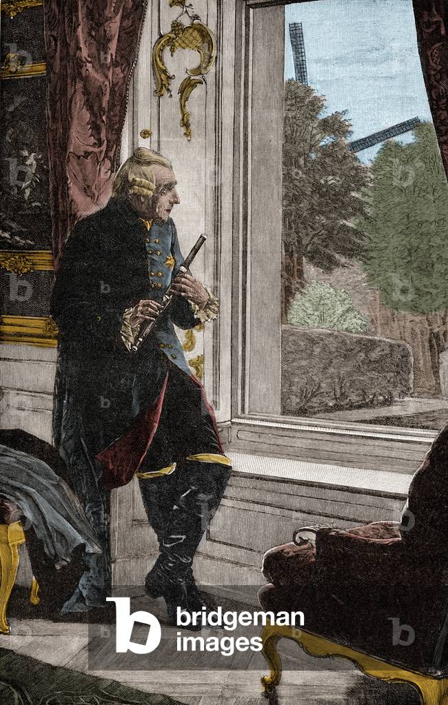 FREDERICK II at Sans-Souci palace after painting by Adalbert von Roessler (engraving)