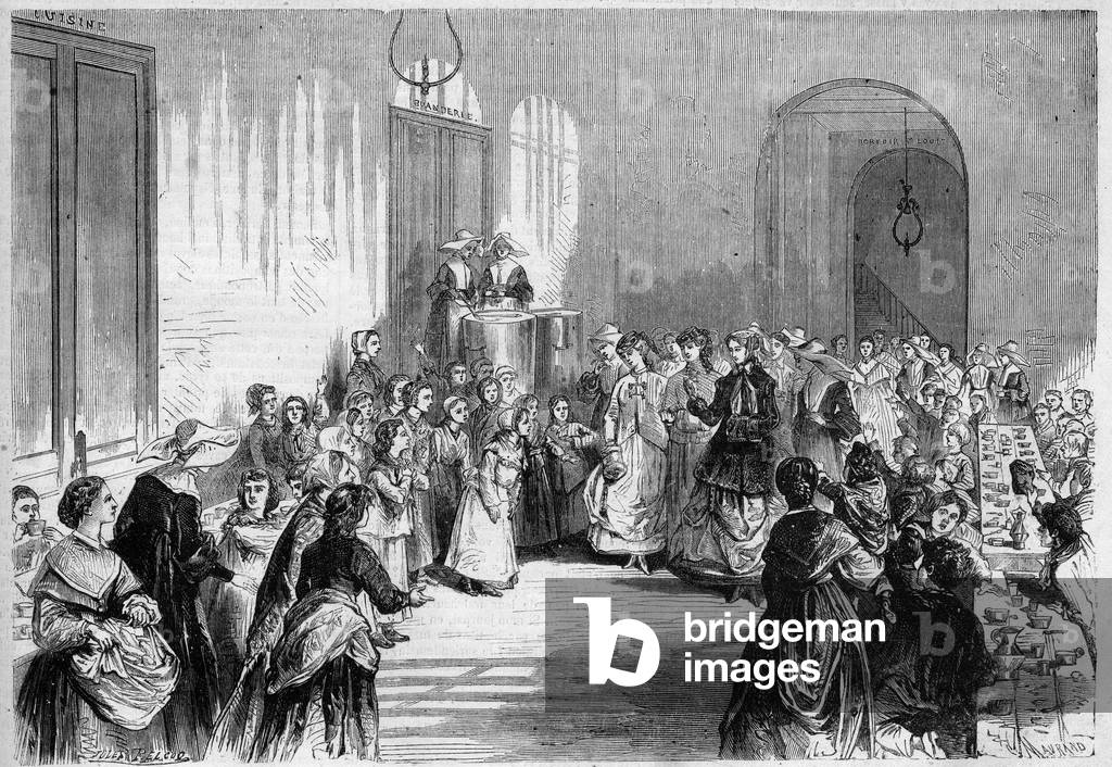 The Impress Eugenie de Montijo attending the children's meal in the refectory of the hospital near the Barriere du Trone in Paris, 1868 (engraving)