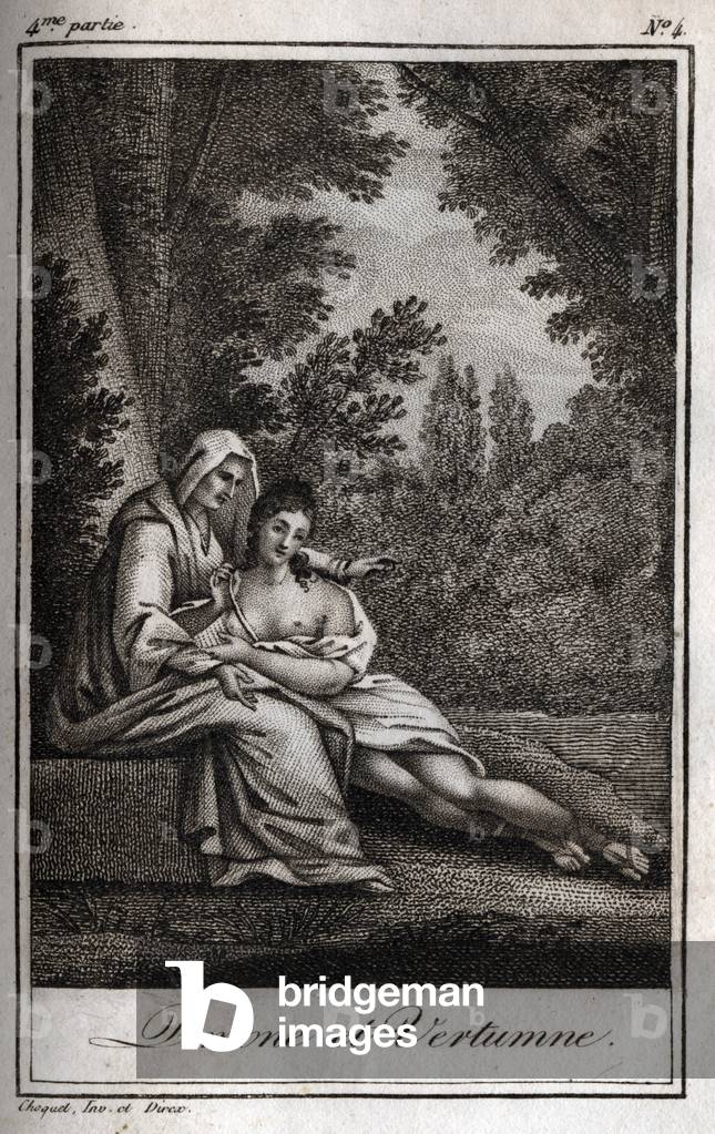Vertumne and Pomone“Lettres a Emilie sur la mythologie” by Charles Albert Demoustier, 1819 (engraving)