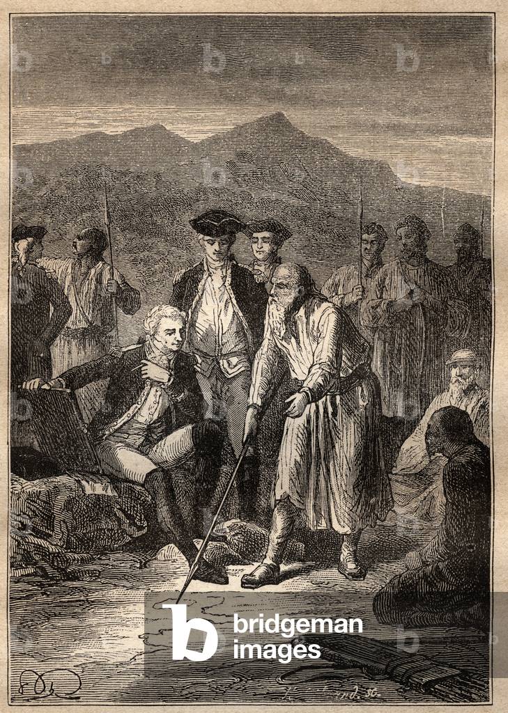 Expedition Around the World (1785-1788) by Jean Francois Galaup de La Perouse (1741-1788): the sailors debark on the Saghalian island (Sakhaline) meet an old man who drew them a map of Tartaria - illustration taken from “The Great Mariners of the 18th century””, 1879 - 1 of the 3 volumes of the “Histoire generale des grands voyages et big travelers””” by Jules Verne