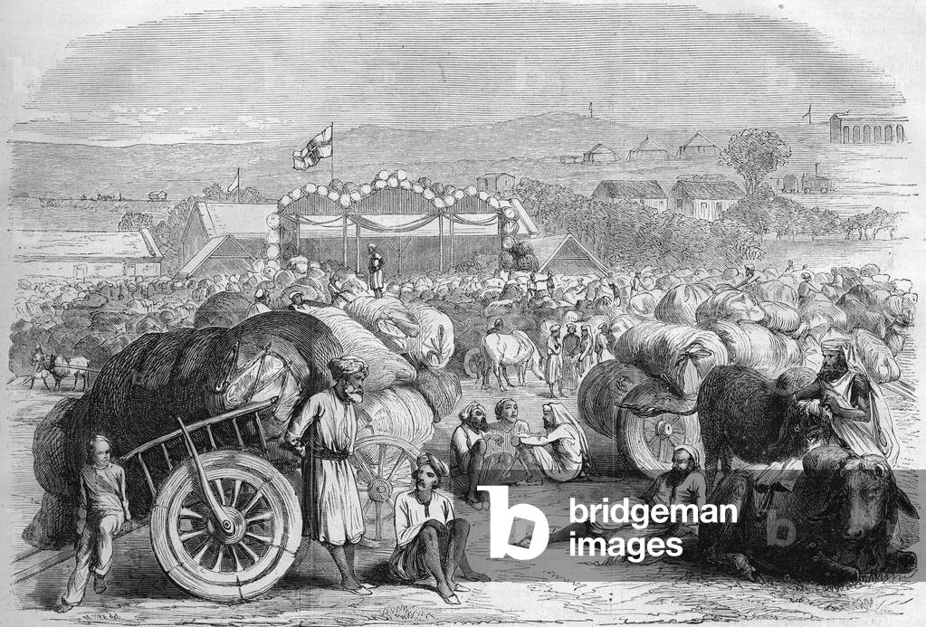 English India 1872: The cotton market of Khangaon.
