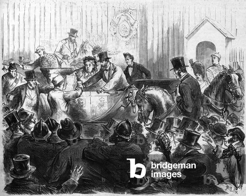 Attack on Queen Victoria by Arthur O'Connor with an unloaded pistol, 1872 (engraving)